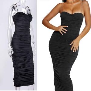⚫️ L'VOW Sexy Ruched Bodycon Spaghetti Strap Backless Maxi Pencil Formal Dress​